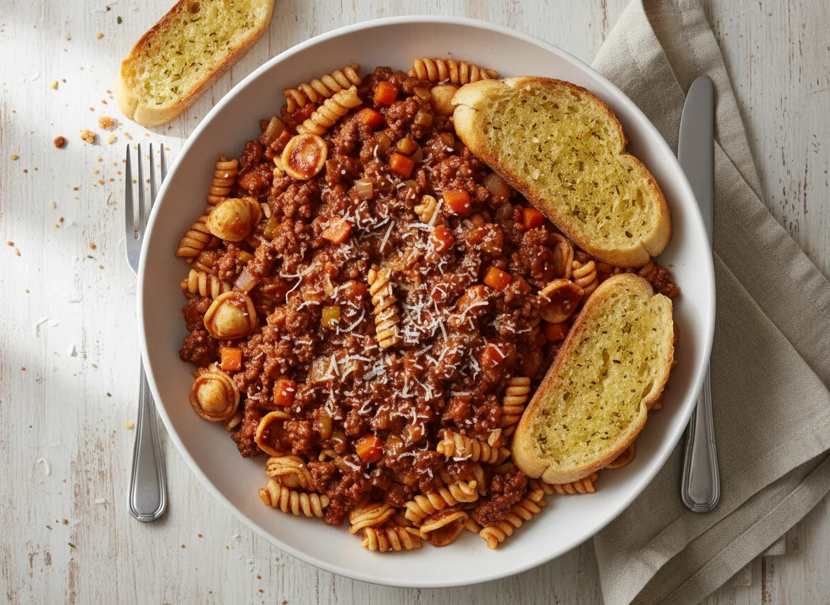 Pasta with Meat Sauce and Bread photo