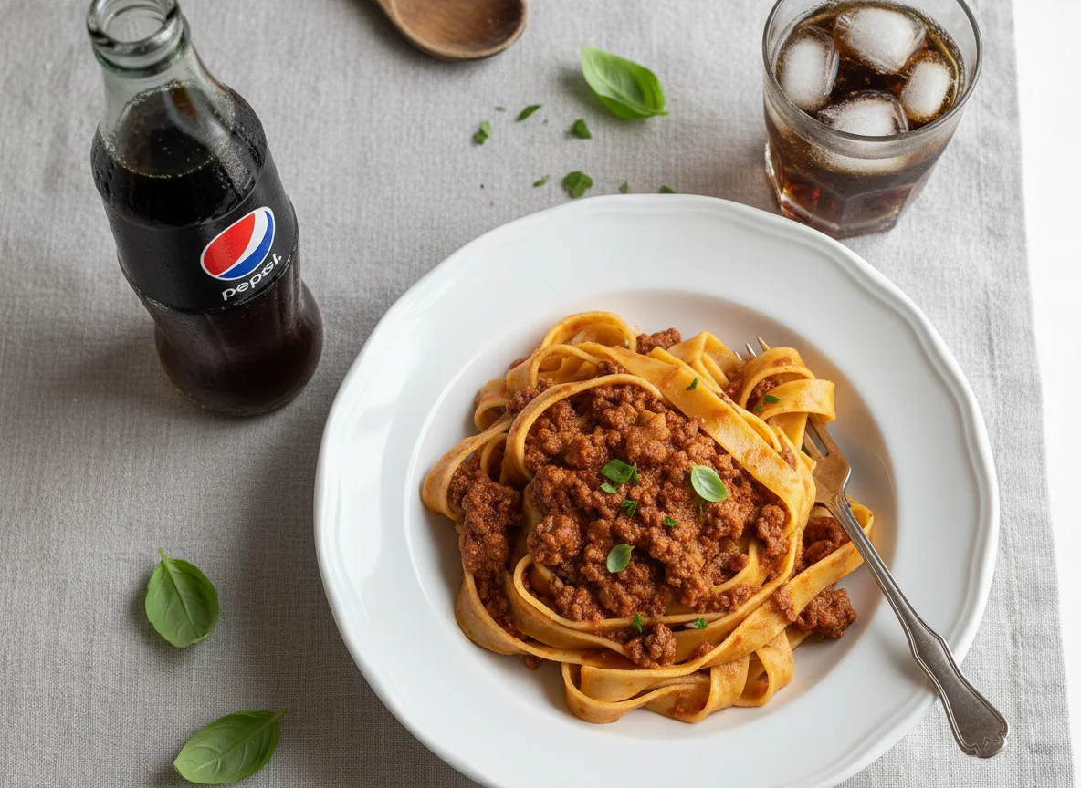 Pasta with Meat Sauce and Pepsi photo