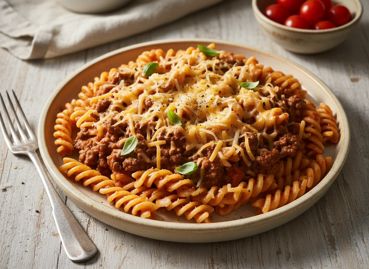 Pasta with Meat Sauce and Shredded Cheese photo