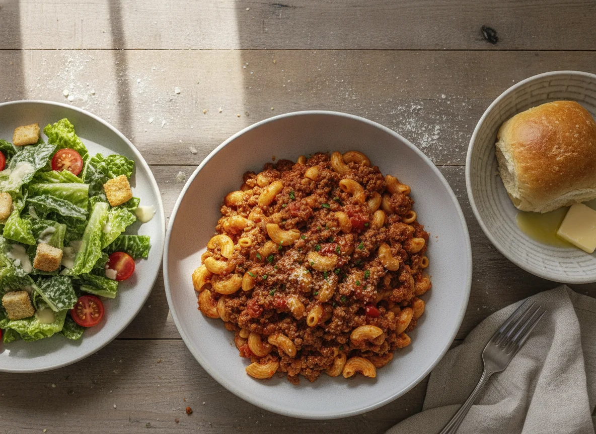 Pasta with Meat Sauce, Caesar Salad, and Dinner Roll photo