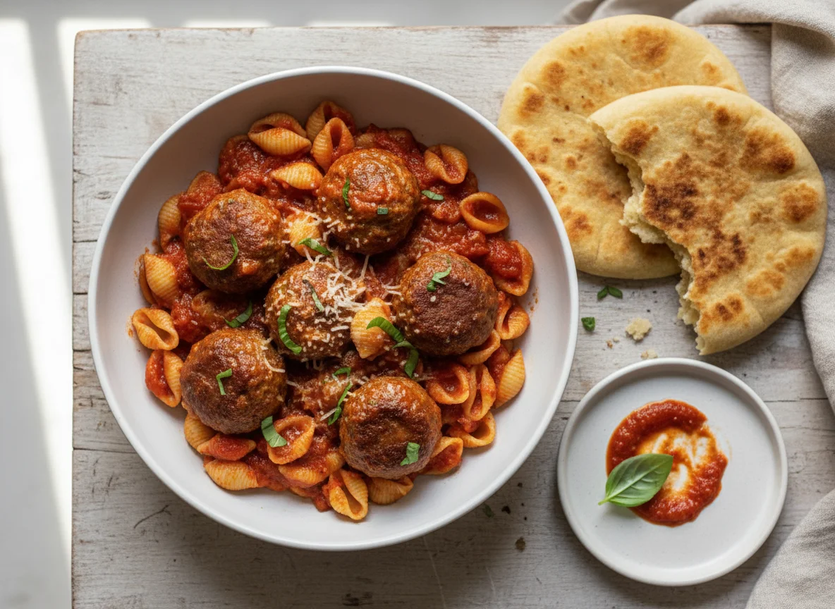 Pasta with Meatballs and Flatbread photo