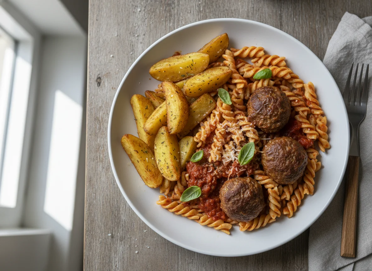 Pasta with Meatballs and Fried Potatoes photo