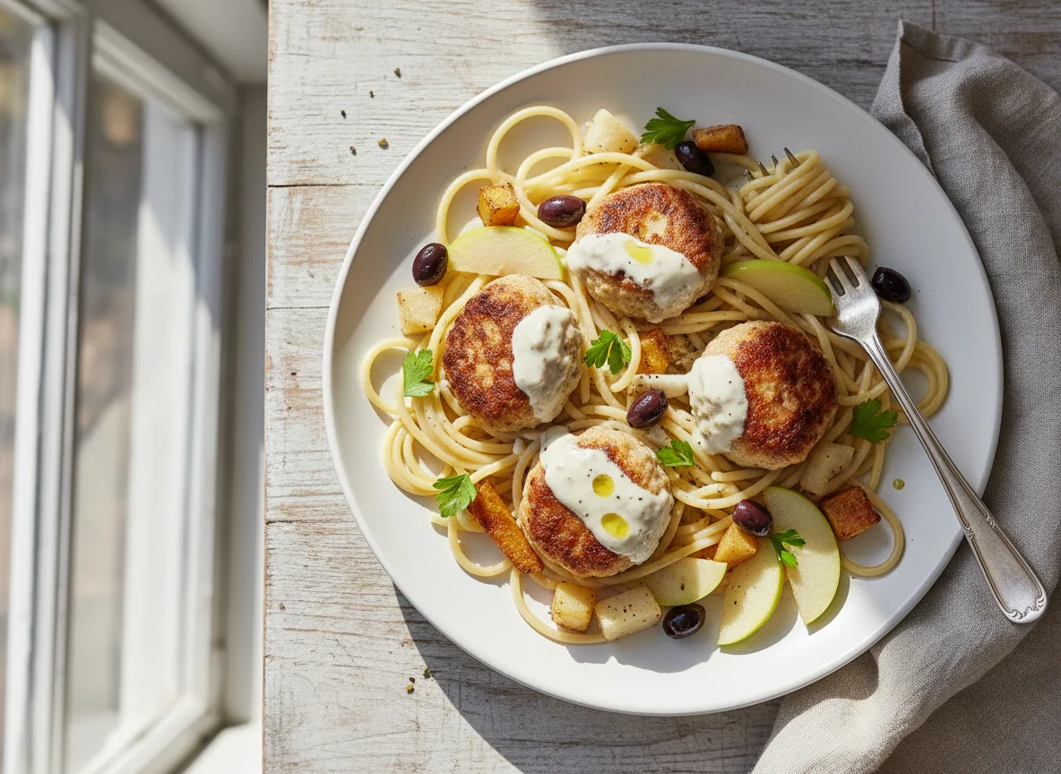 Pasta with meatballs and root vegetable salad photo