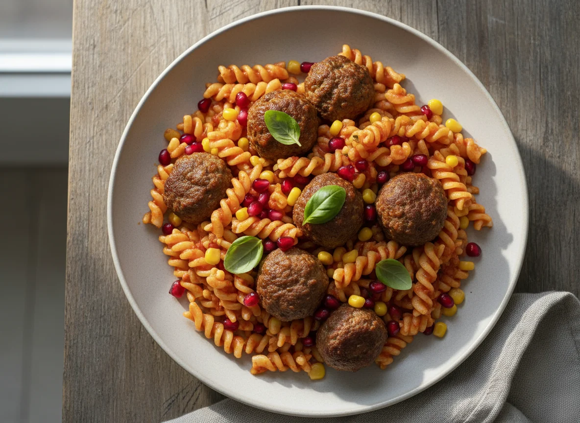 Pasta with Meatballs, Sweetcorn and Pomegranate photo