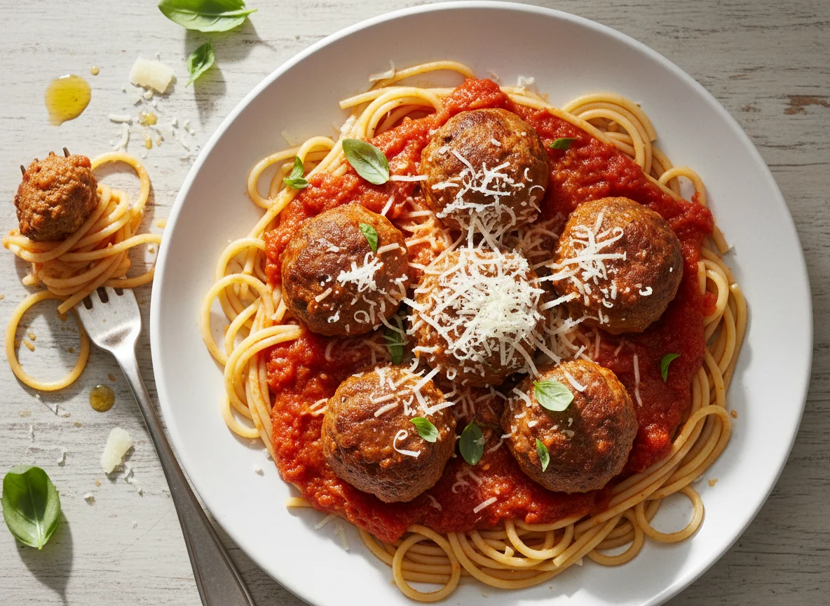 Pasta with Meatballs, Tomato Sauce and Cheese photo