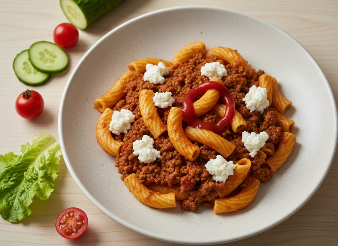 Pasta with Minced Beef and Cottage Cheese photo