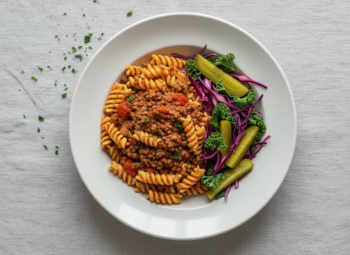 Pasta with Minced Meat Sauce and Salad photo