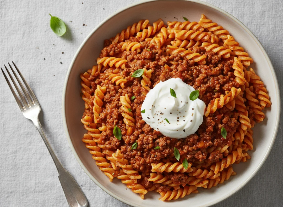 Pasta with Minced Meat Sauce and Sour Cream photo