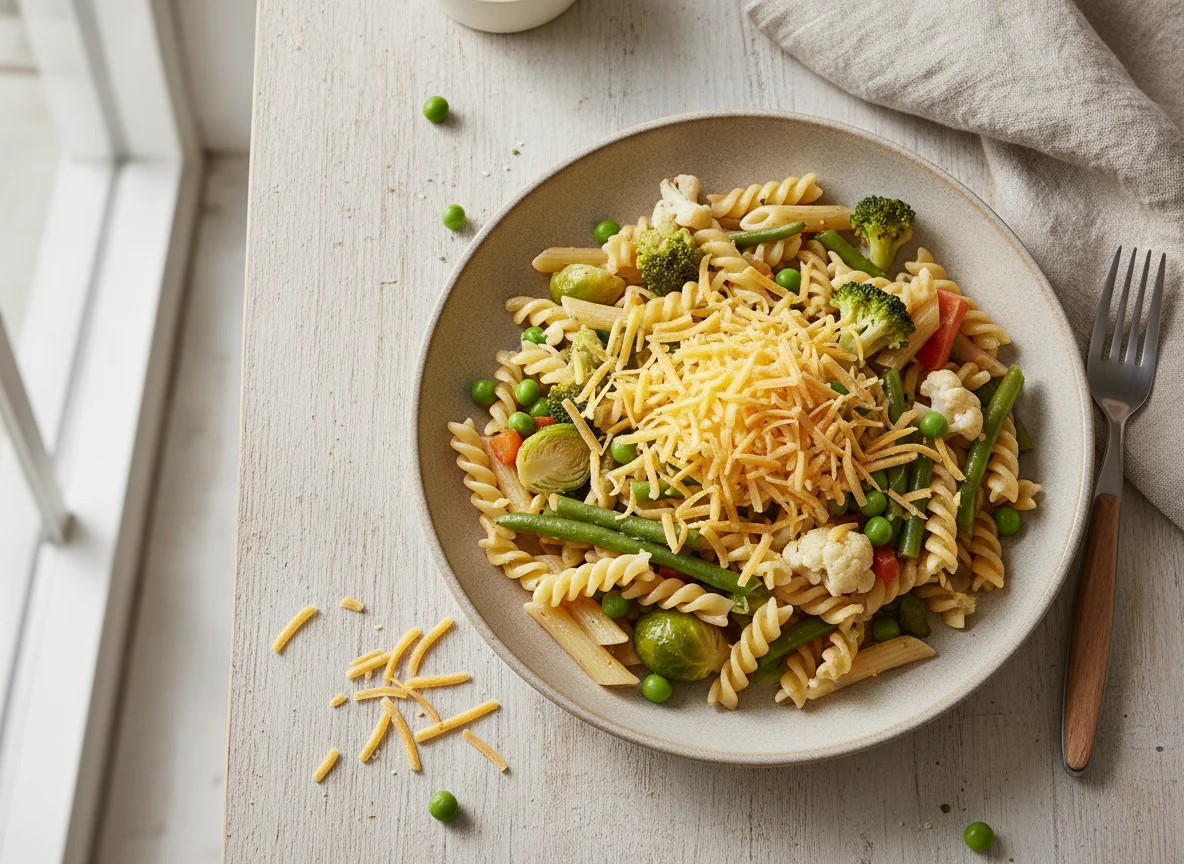 Pasta with mixed vegetables and grated cheese photo
