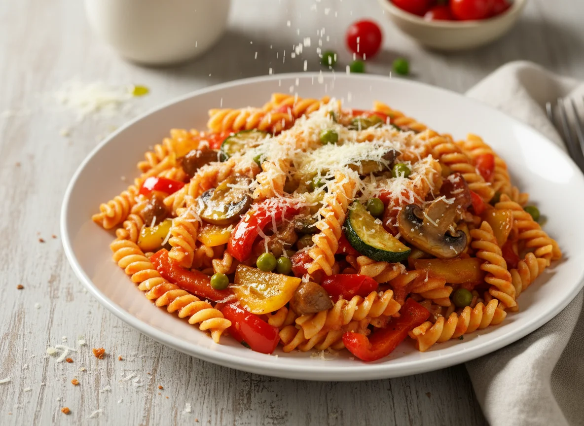 Pasta with mixed vegetables and tomato sauce photo