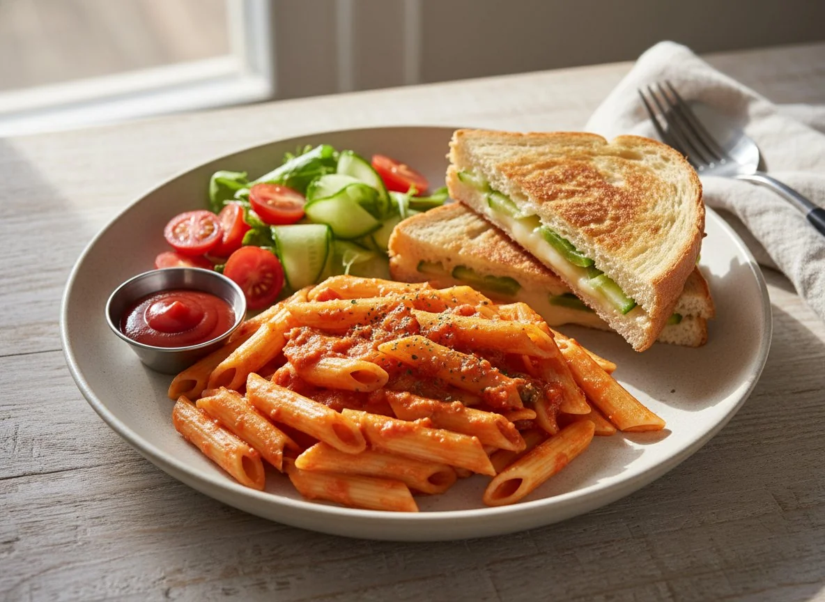 Pasta with Panini and Salad photo