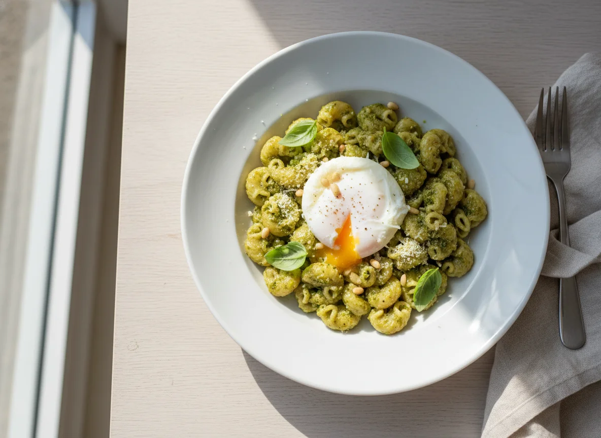Pasta with Pesto and Poached Egg photo