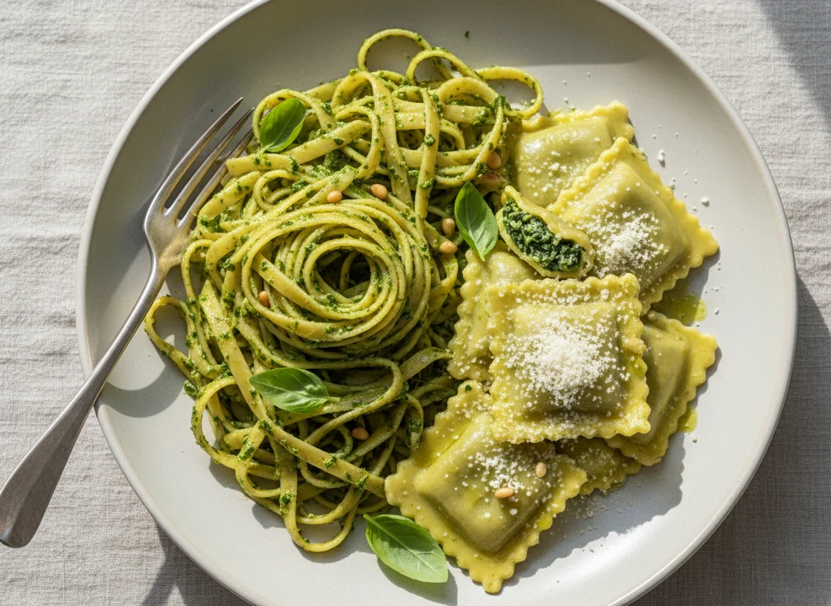 Pasta with Pesto Cream Sauce and Ravioli with Pesto and Parmesan photo