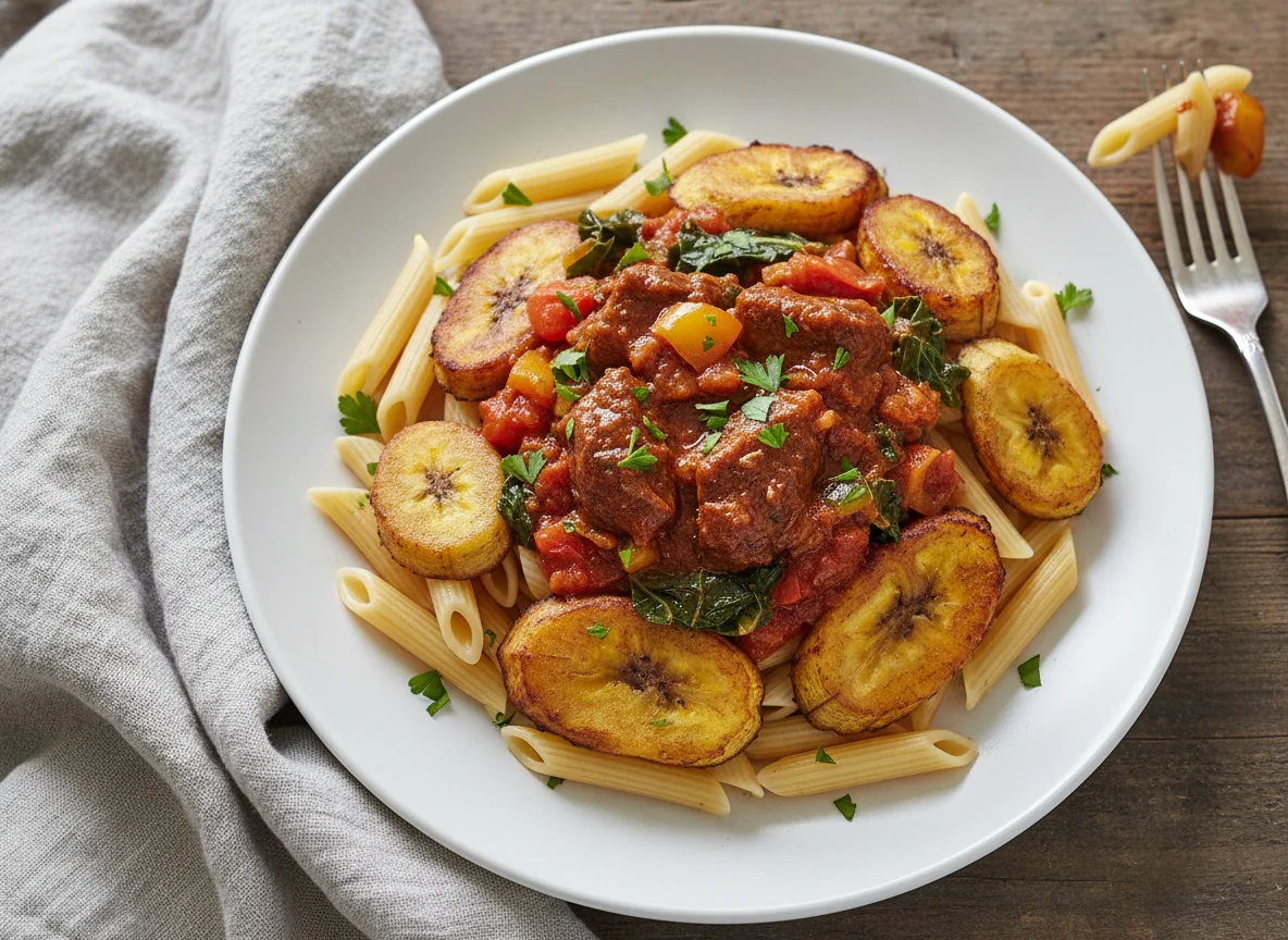 Pasta with Plantain and Stew photo