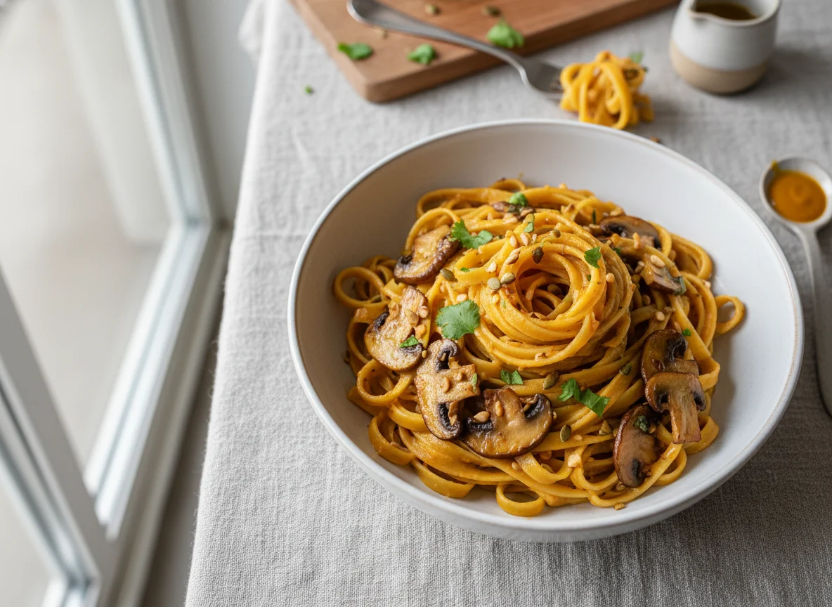 Pasta with Pumpkin Purée and Coconut Milk Sauce and Mushrooms photo