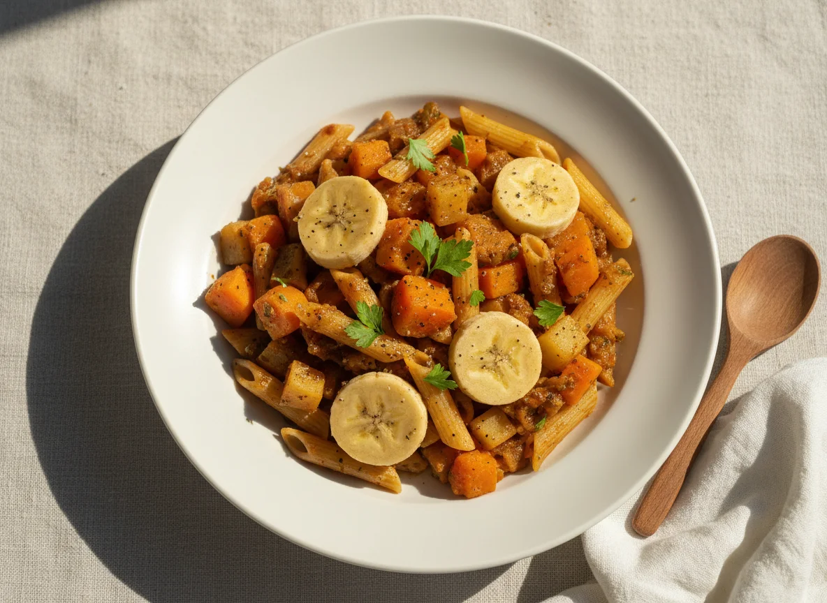 Pasta with Root Vegetable Stew and Boiled Plantain photo
