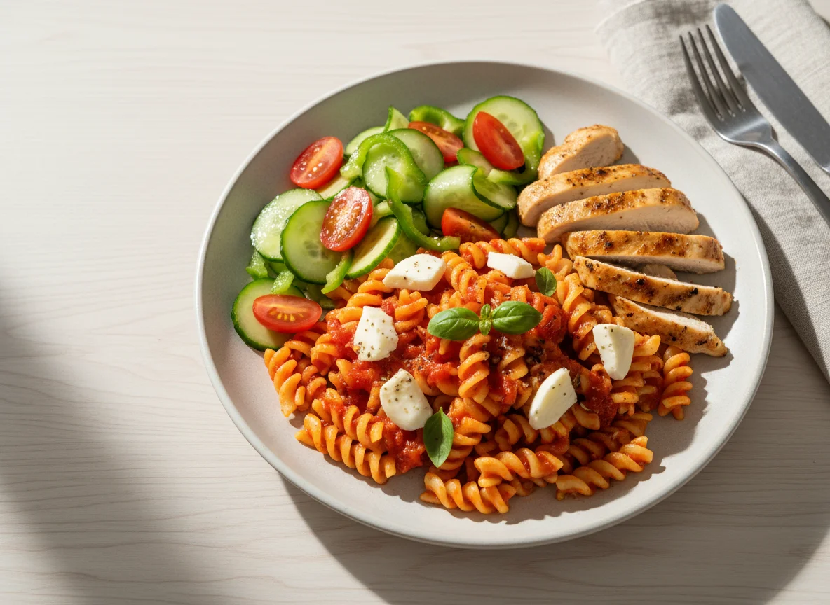 Pasta with Salad and Meat photo