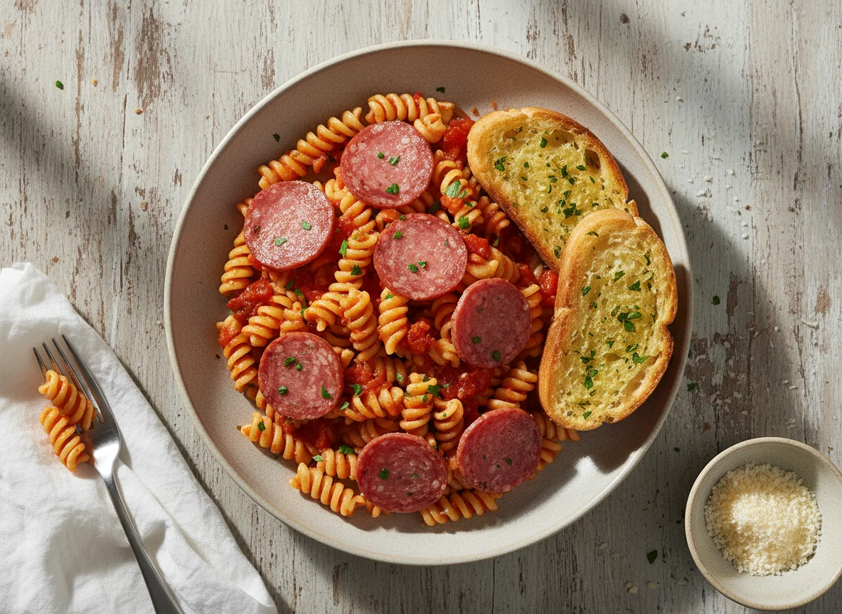Pasta with Salami and Garlic Bread photo