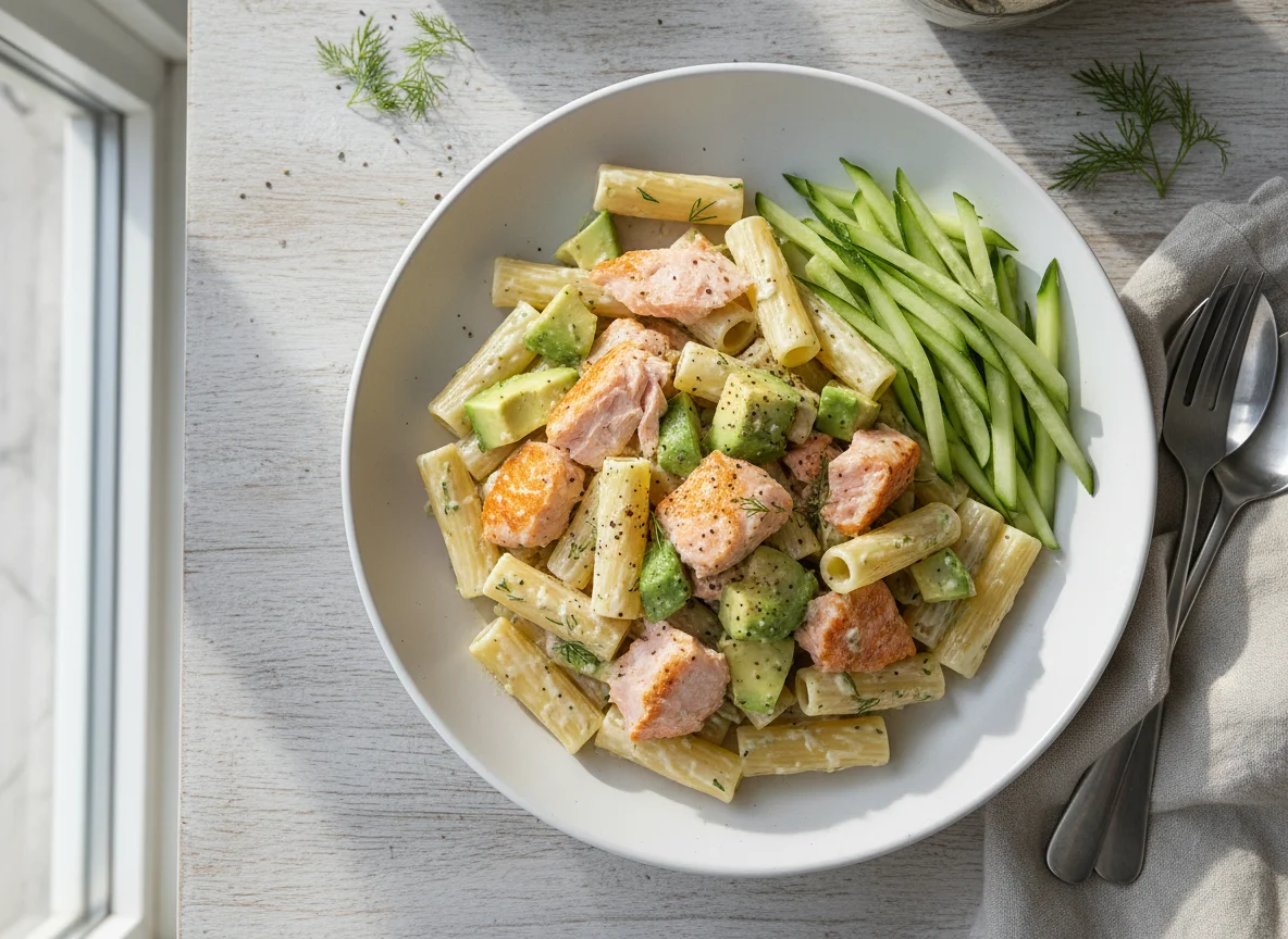 Pasta with salmon and avocado, with cucumber sticks photo