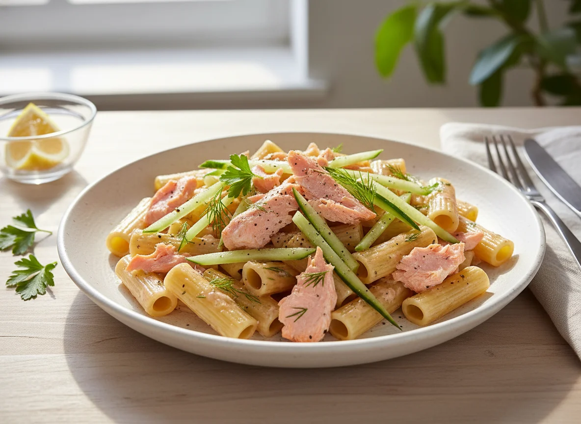 Pasta with salmon and cucumber sticks photo