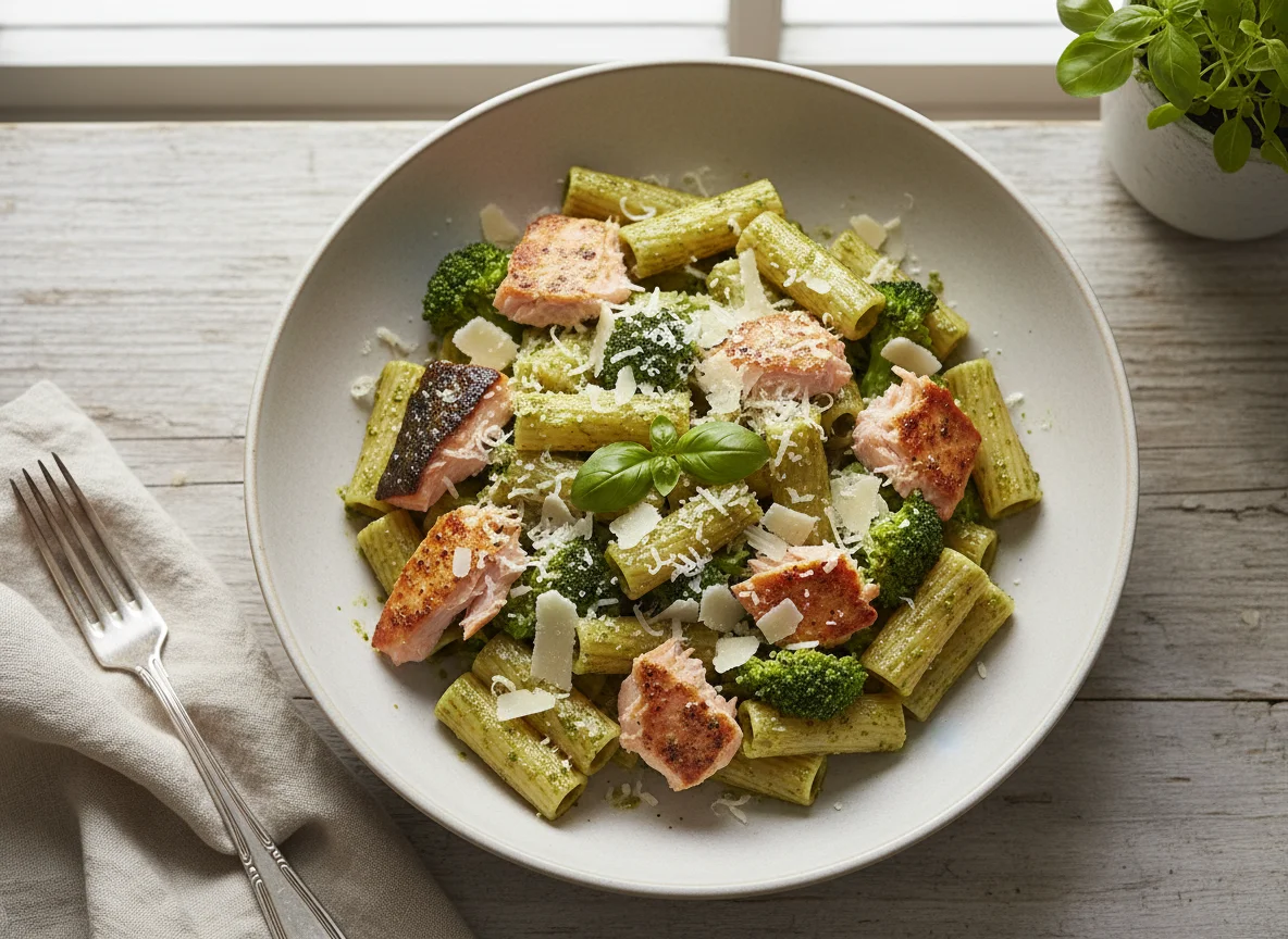 Pasta with Salmon, Broccoli, Pesto, and Parmesan photo