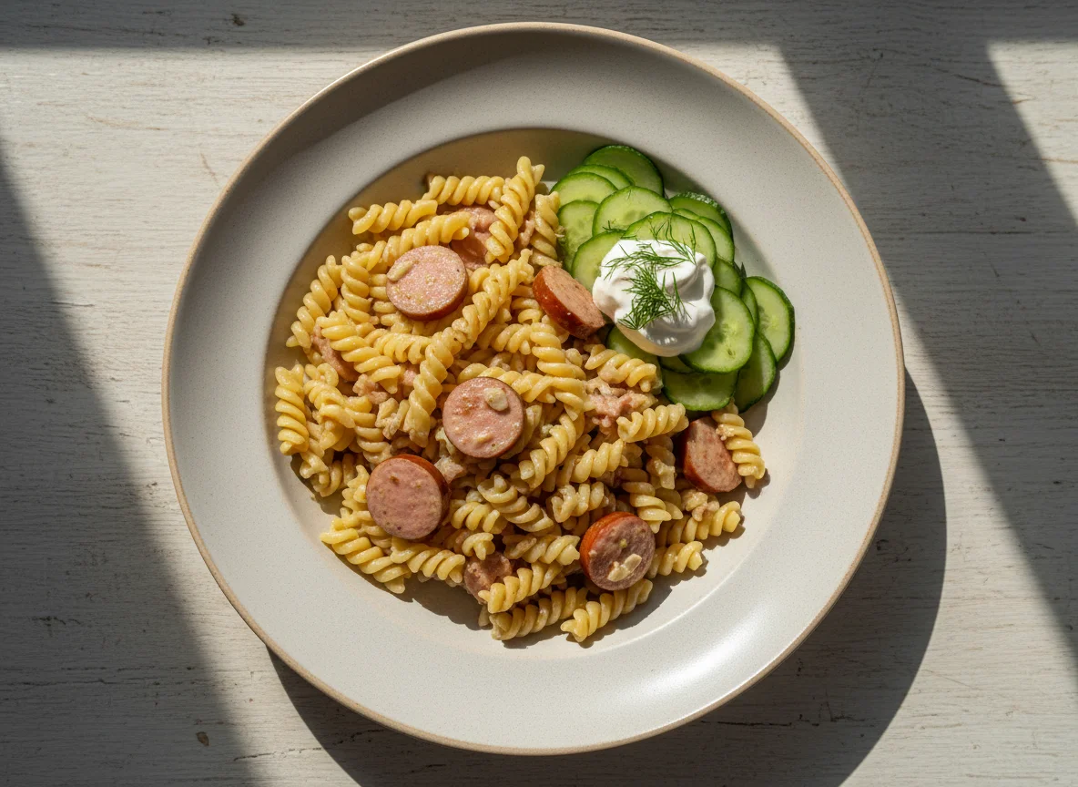 Pasta with sausage and cucumber salad photo