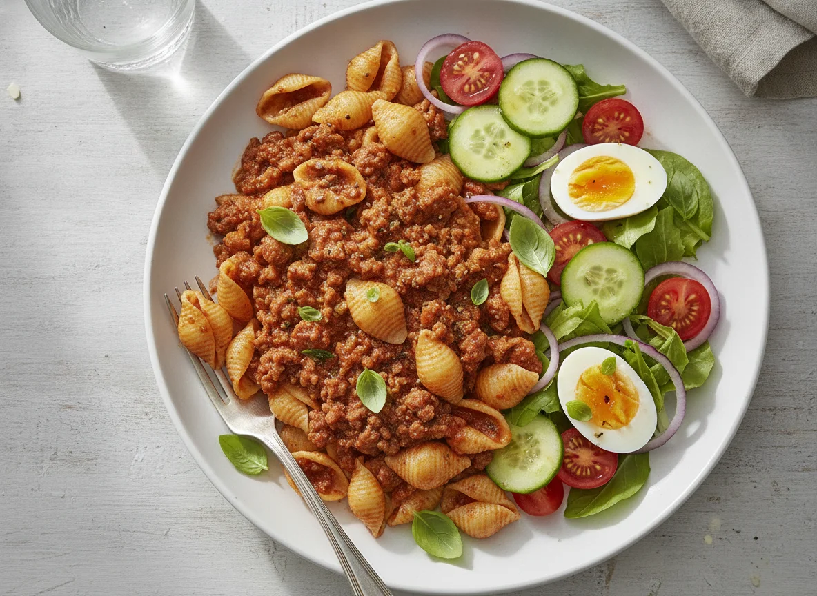 Pasta with Sausage and Fresh Salad photo