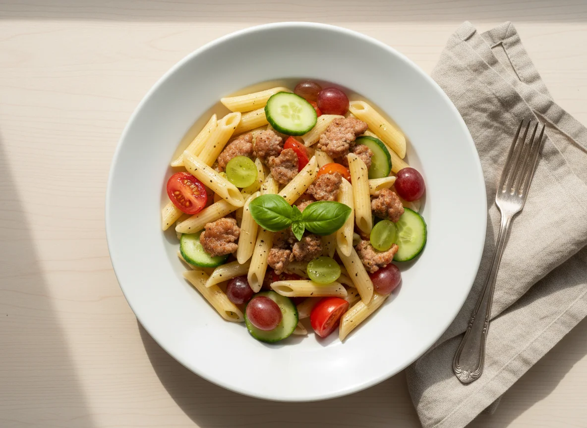 Pasta with Sausage and Vegetable Salad photo