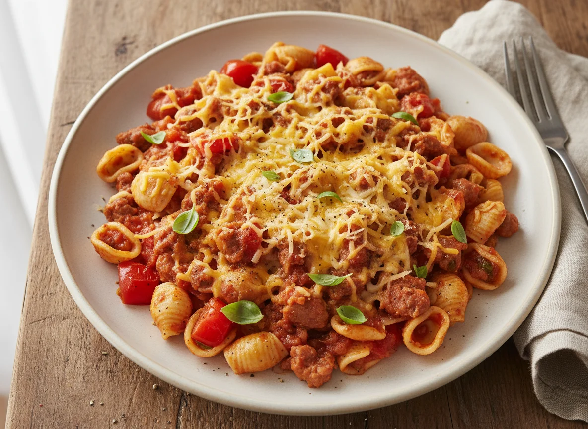 Pasta with Sausage, Cheese, and Tomatoes photo