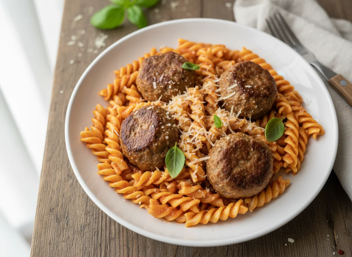 Pasta with Tomato Cream Sauce and Meatballs photo