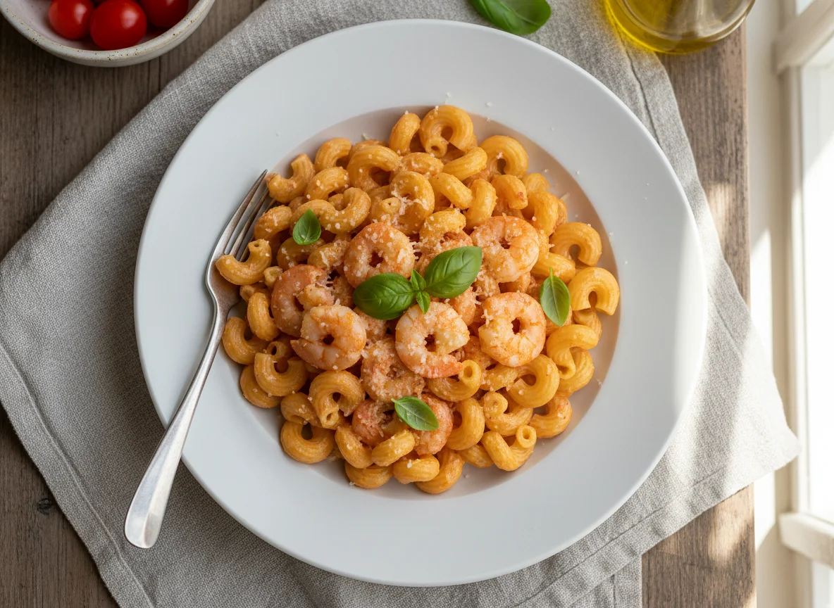 Pasta with Tomato Cream Sauce and Shrimp photo