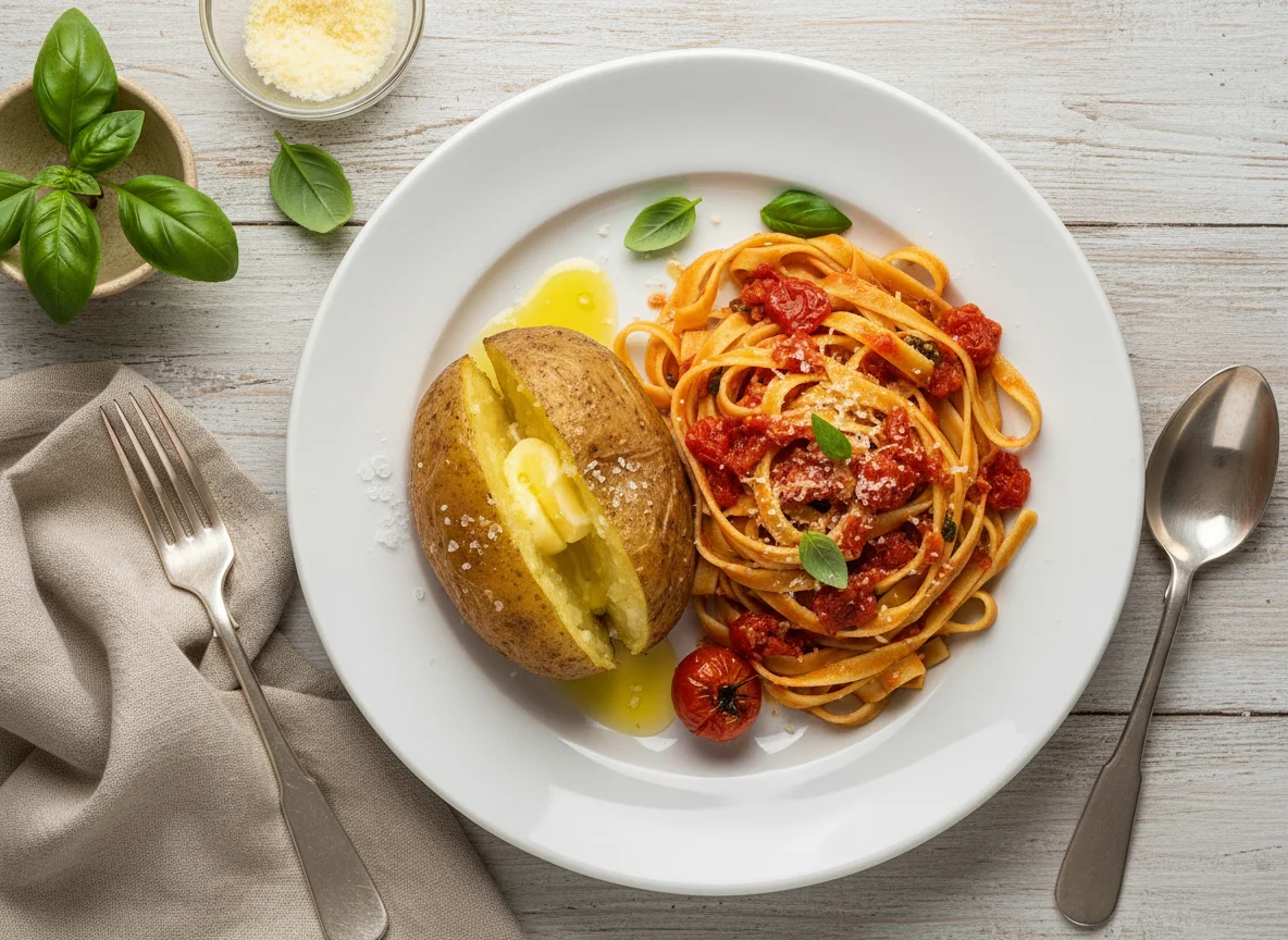 Pasta with Tomato Sauce and Baked Potato photo