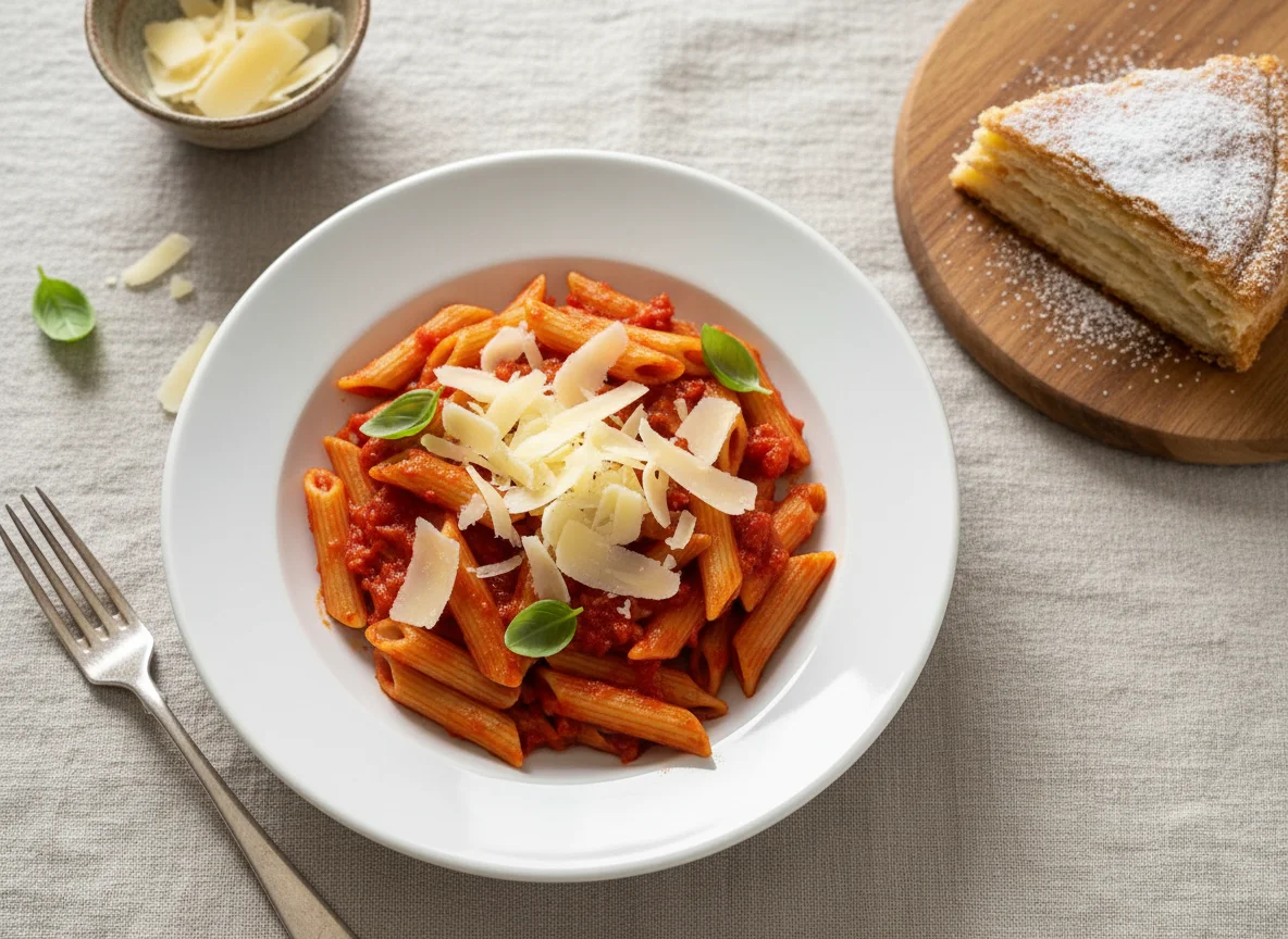 Pasta with tomato sauce and cheese, with a side of pastry photo
