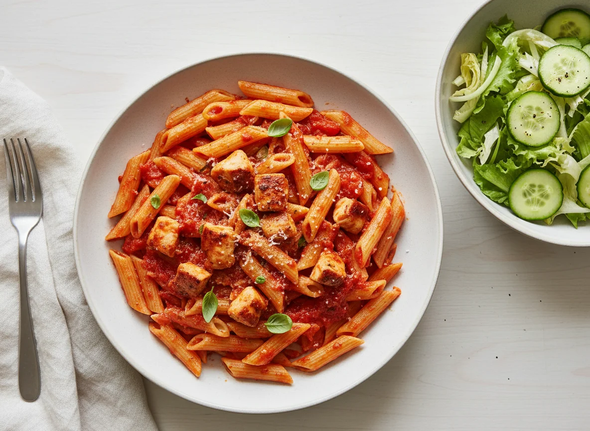 Pasta with tomato sauce and chicken, served with side salad photo