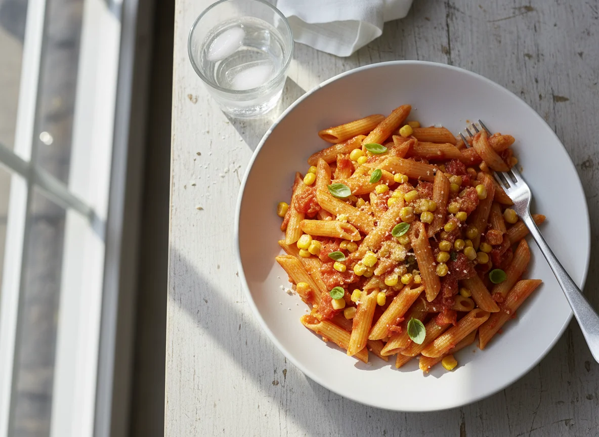 Pasta with Tomato Sauce and Corn photo