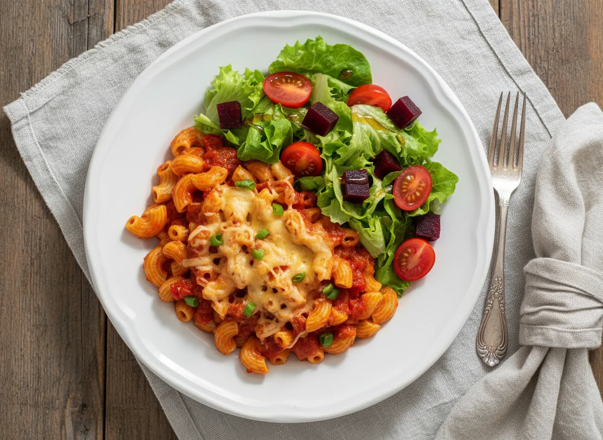 Pasta with tomato sauce and mixed salad photo