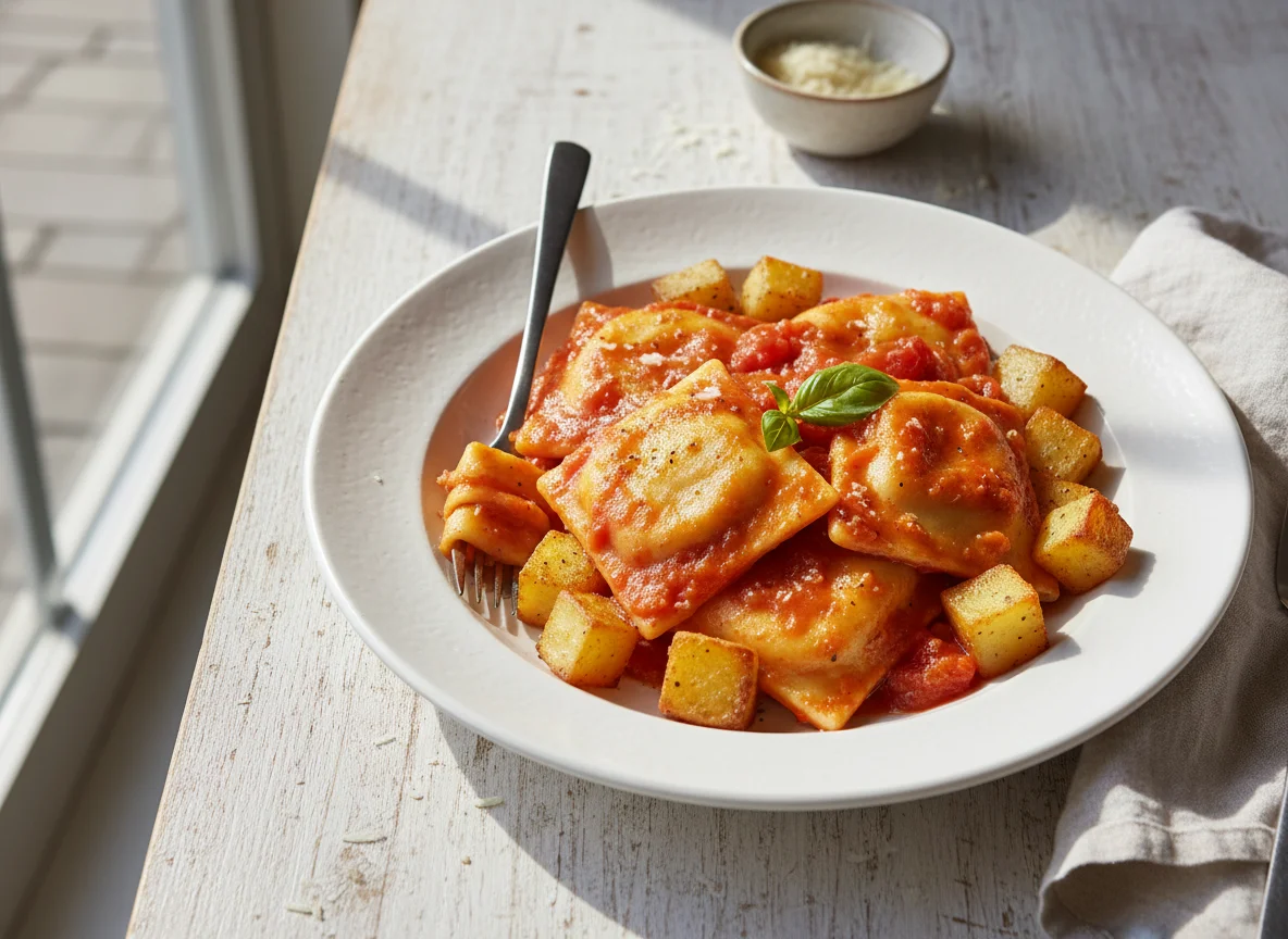 Pasta with Tomato Sauce and Potatoes photo