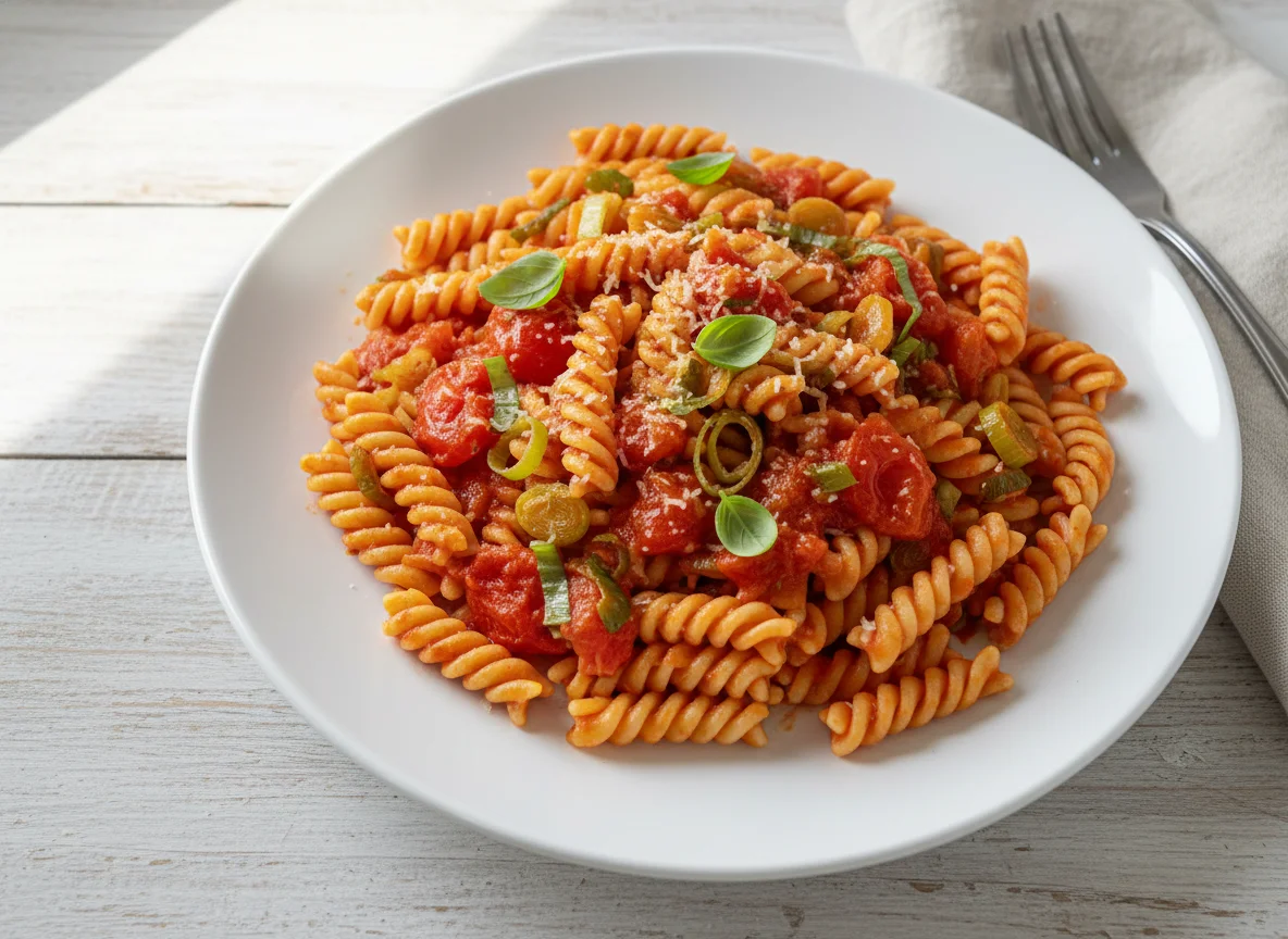 Pasta with tomato sauce and vegetables photo