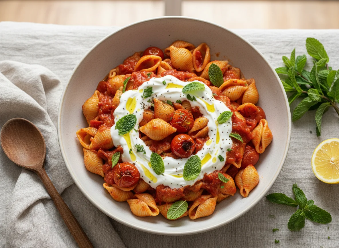 Pasta with Tomato Sauce and Yogurt-Mint Sauce photo