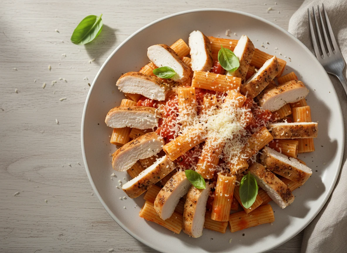 Pasta with Tomato Sauce, Chicken, and Cheese photo
