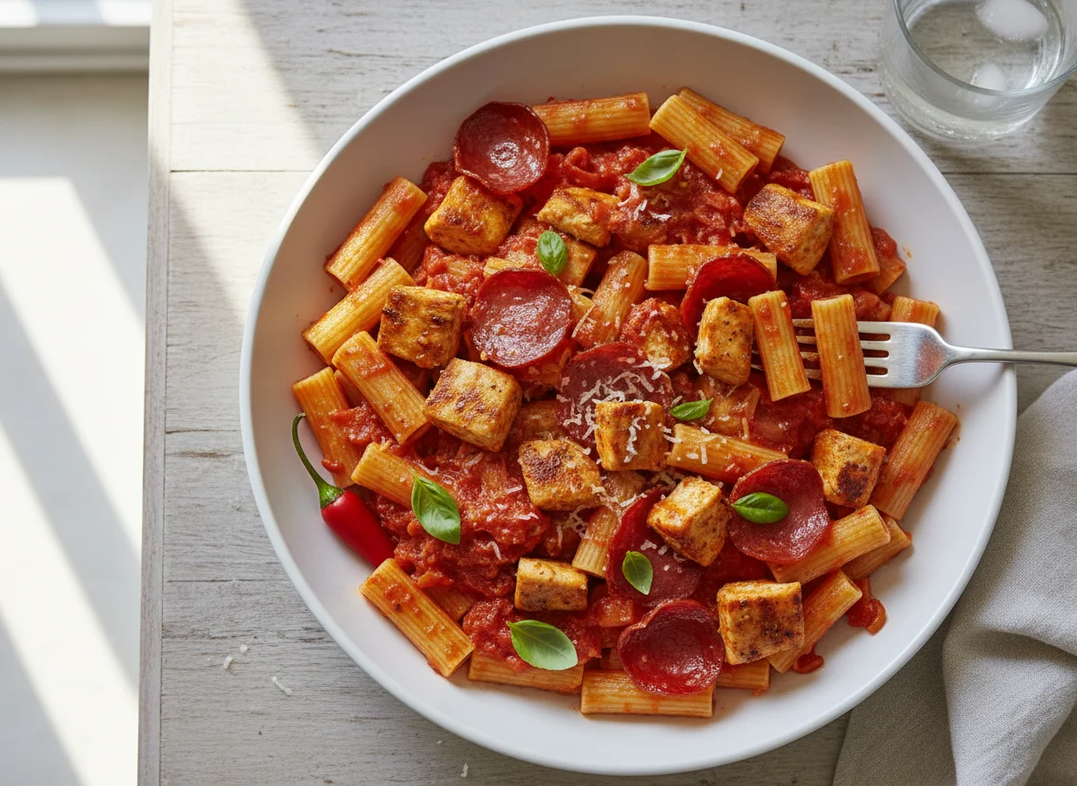 Pasta with Tomato Sauce, Chicken and Pepperoni photo