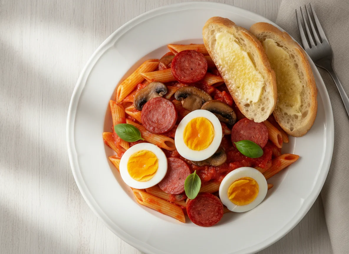Pasta with tomato sauce, egg, mushroom, pepperami and buttered bread photo