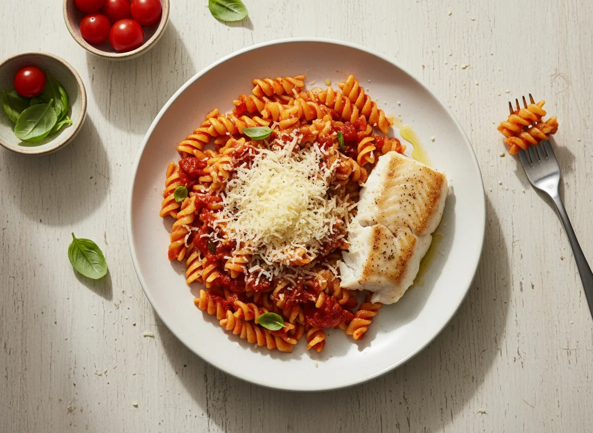Pasta with Tomato Sauce, Fish, and Cheese photo