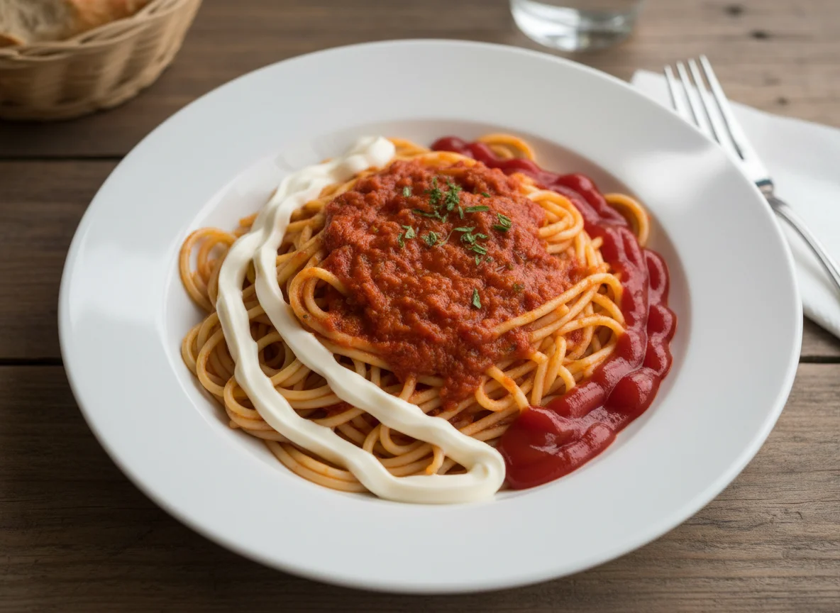 Pasta with Tomato Sauce, Mayonnaise, and Ketchup photo