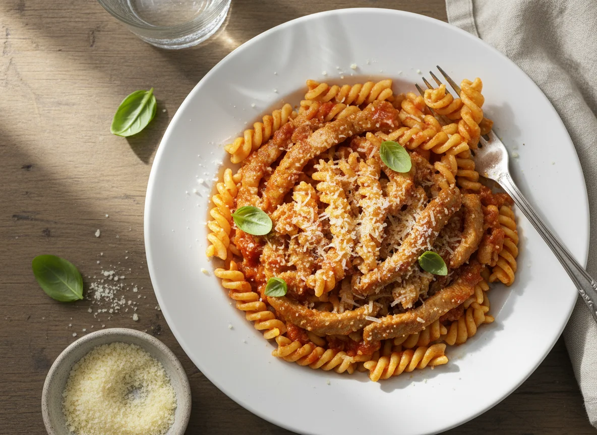 Pasta with Tomato Sauce, Meat Strips and Parmesan photo