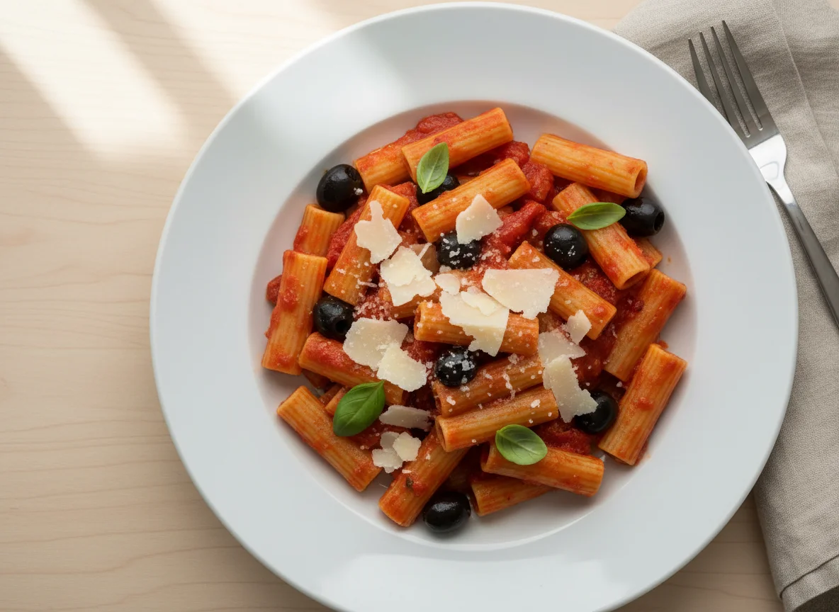 Pasta with Tomato Sauce, Olives, and Parmesan photo
