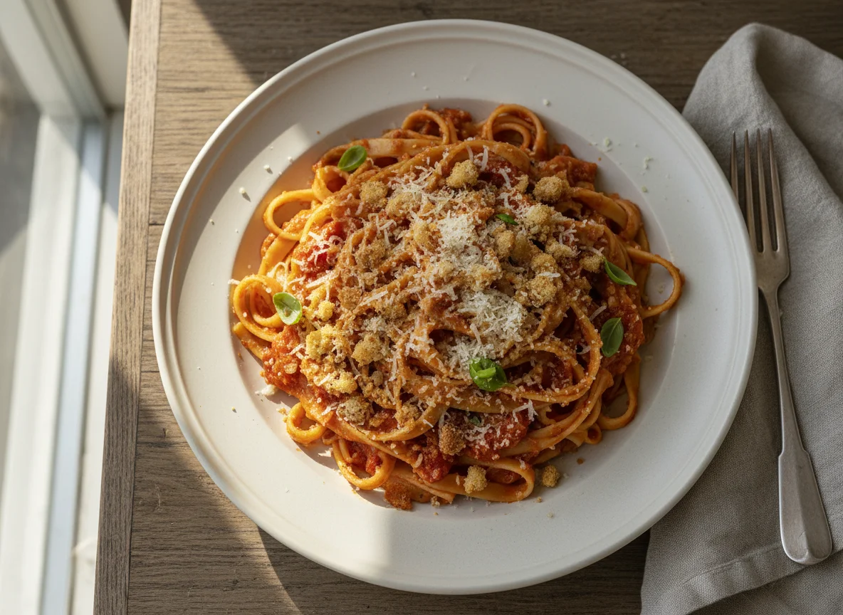 Pasta with Tomato Sauce, Parmesan, and Breadcrumbs photo