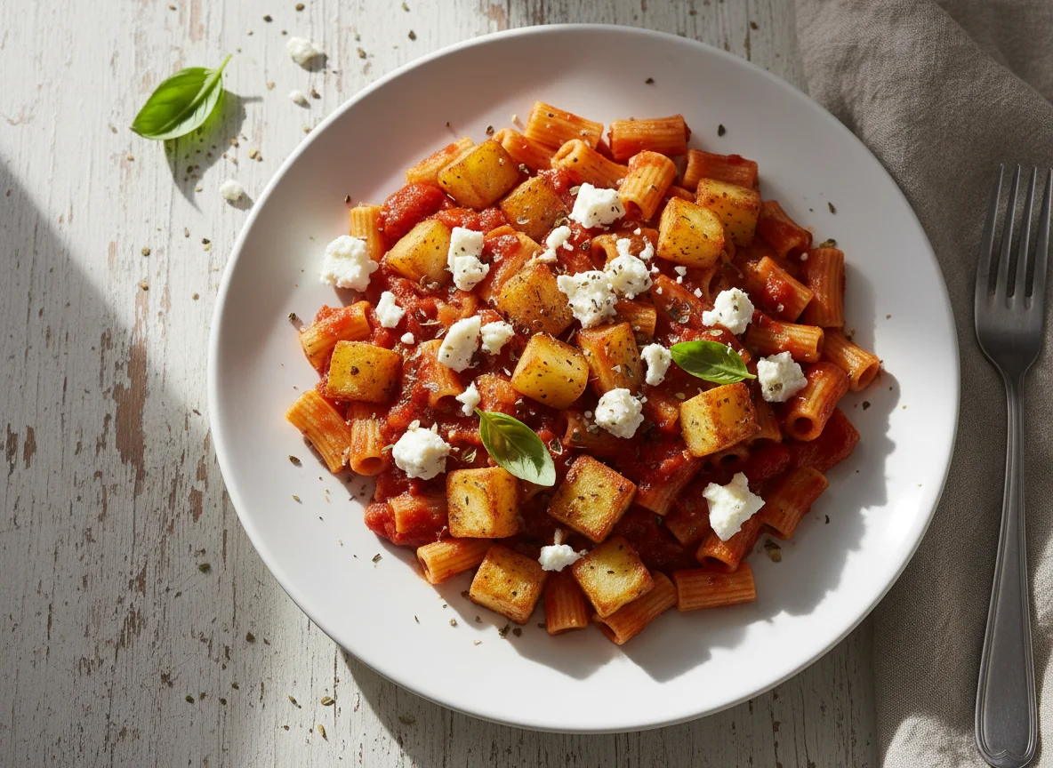 Pasta with Tomato Sauce, Potatoes, and Feta photo