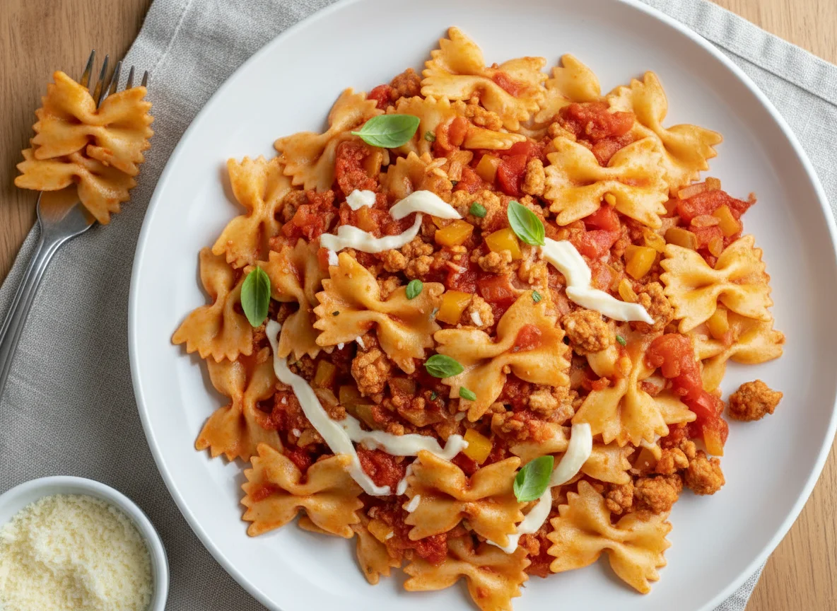 Pasta with Tomato Sauce, Vegetables, Cheese and Ground Turkey photo
