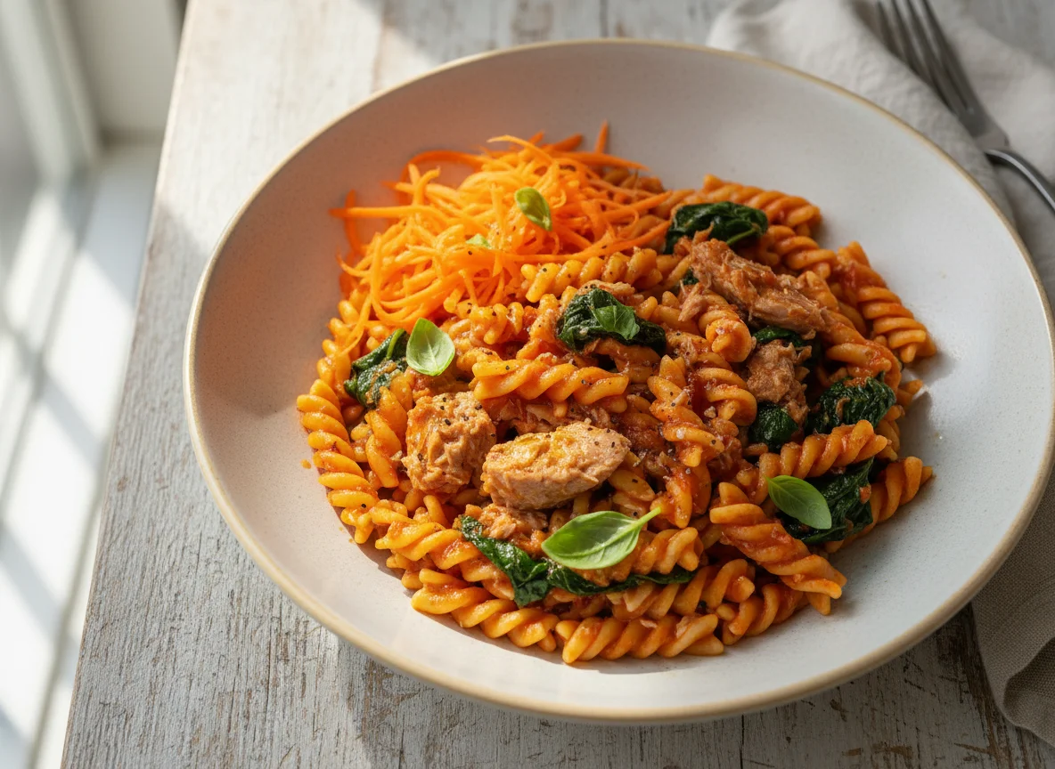 Pasta with Tuna and Spinach, and Shredded Carrots photo